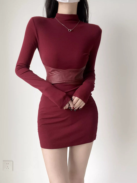 Fleece-trimmed, comfortable long-sleeved, high-neck, bodycon dress with leather trim, lace-up waist, slimming design, perfect as a base layer or short skirt. 11405