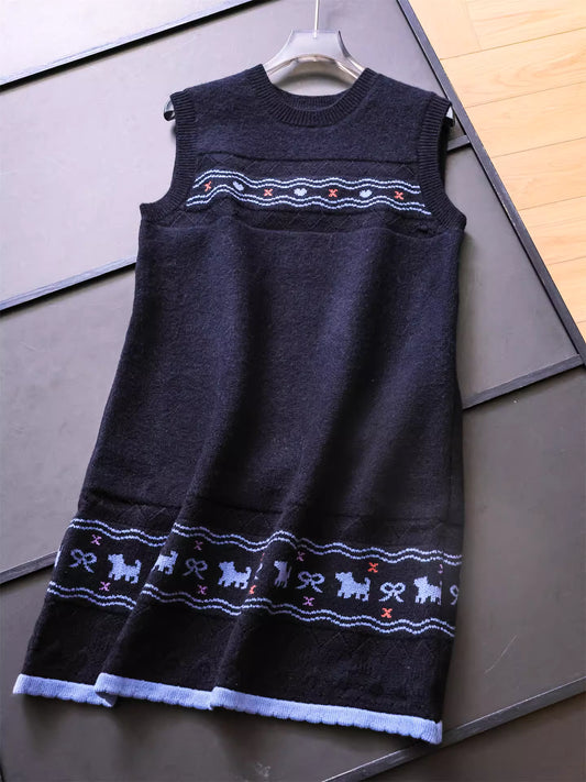 Color-blocked Fair Isle jacquard slimming round neck sleeveless knit sweater vest dress youthful and versatile women's dress 11319