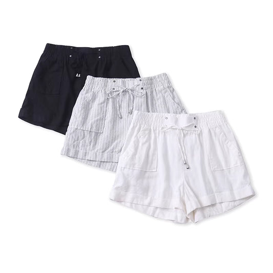 Summer skin-friendly breathable cotton and linen high-waisted wide-leg shorts for women, leg-lengthening straight-leg pants, casual pants, suitable for wearing outside.  11375