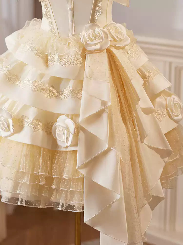 Gelbes kurzes Heimkehrkleid Lolita-Prinzessinnenkleid leichtes Luxus-Kuchenkleid Geburtstagsparty-Tanzkleid gh4607