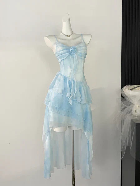 Light blue ruffle floral pleated short homecoming dress prom dress birthday dress gh4616