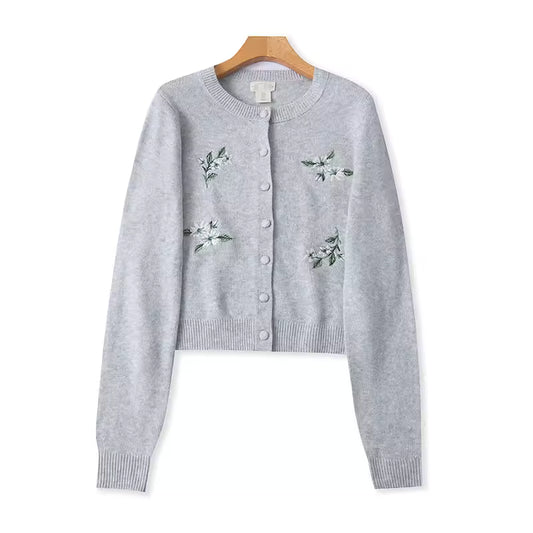 Spring and Autumn Heavy Embroidery Round Neck Single-Breasted Long-Sleeve Cardigan for Women, Sweet Embroidered Knitted Coat  11373