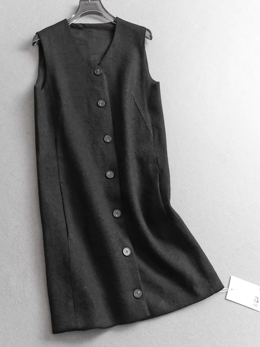 Solid color textured openwork round neck loose straight sleeveless vest dress layered with wool vest women's dress 11307
