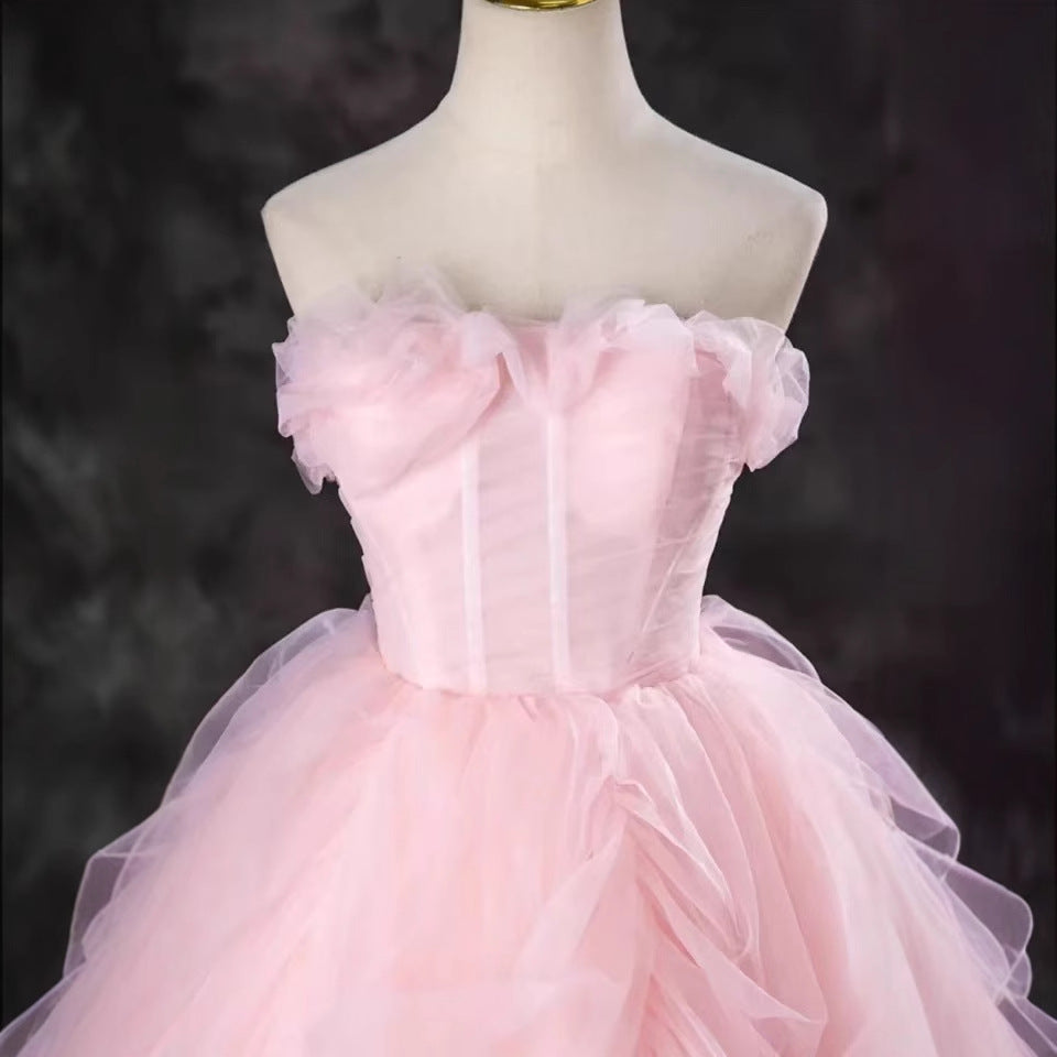 Robe de soirée longue en tulle rose élégante et tendance, robe de bal, gh4886