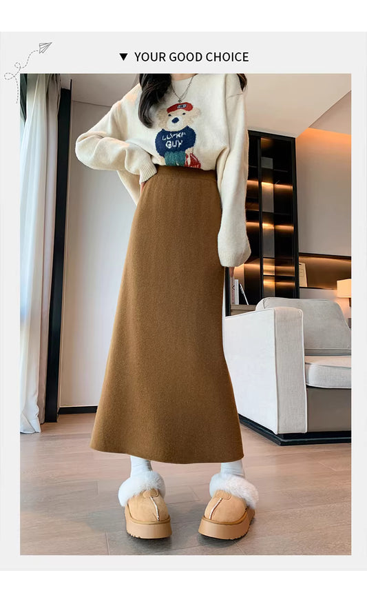 White fleece-lined, thickened faux cashmere knit midi skirt for women, winter bodycon straight A-line long skirt  11293