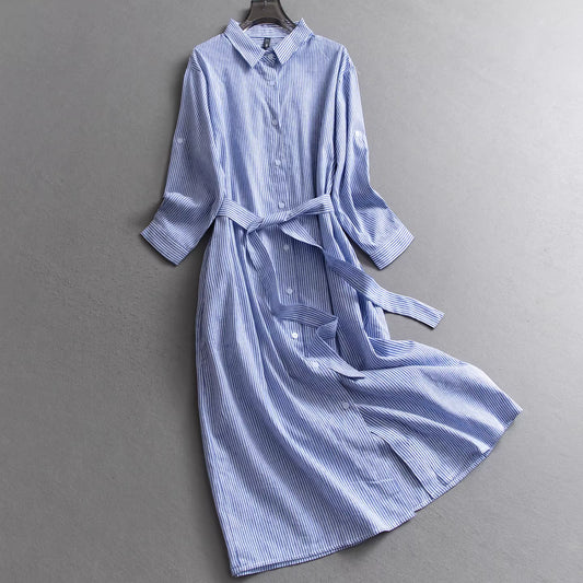 Blue striped collared shirt dress with tie, slimming autumn style, long sleeves, fitted waist, elegant dress. 11333
