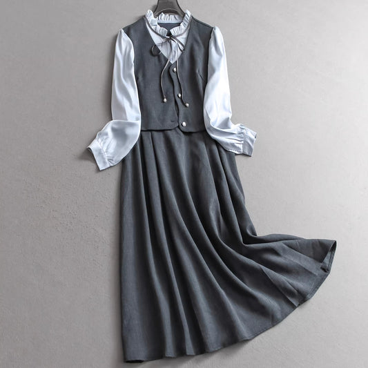 French-style color-blocked faux two-piece light business suit dress, new autumn style spliced long-sleeved women's dress 11332