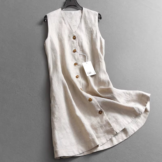 Solid color, belted, waist-cinching, slimming V-neck, button-down linen dress, vest dress, elegant shirt dress 11298