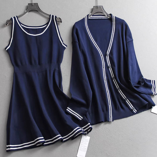 Color-blocked striped long-sleeved knitted cardigan dress set, new autumn style, sleeveless vest dress for women. 11331