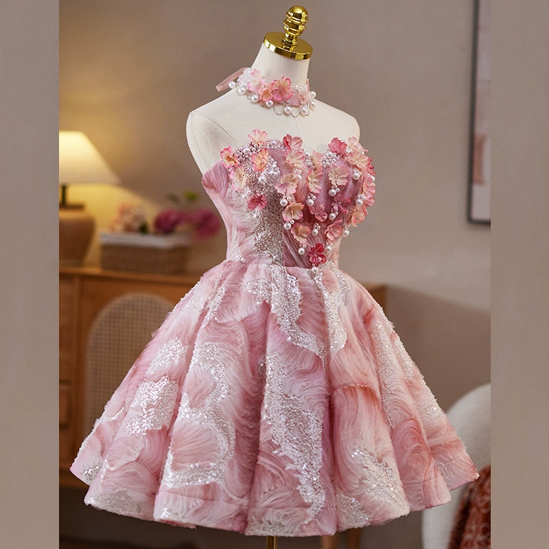 Rosa flauschiges süßes Mädchen kurzes Ballkleid Homecoming-Kleid Party Geburtstagsparty Tube Top Prinzessinnenkleid gh4605