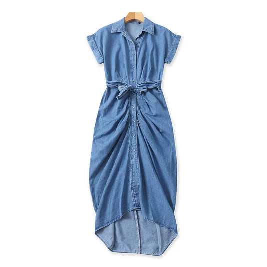 Summer Fashion High-Waisted Irregular Denim Short-Sleeve Dress Women's Temperament Belt Slimming Casual Long Dress 11383