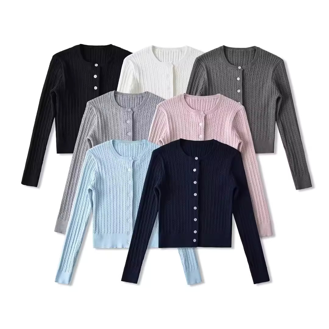 American retro round neck single-breasted cable knit sweater, simple and versatile, new autumn style, short cardigan, base layer. 11403