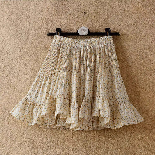 Floral chiffon mini skirt, summer new style, versatile high-waisted, slimming pleated A-line skirt for women.  11368