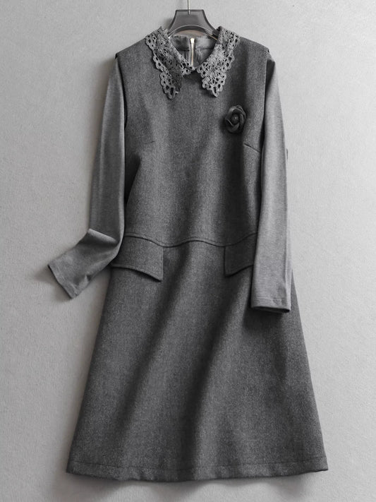 Hollowed-out lace patchwork collared pullover long-sleeved T-shirt vest dress two-piece women's dress set 11312