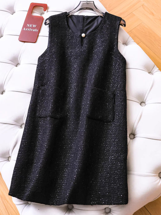 Sequined Pearl Hollow-Out Round Neck Sleeveless Vest Dress Layered Dress Slimming and Elegant Women's Dress 11313