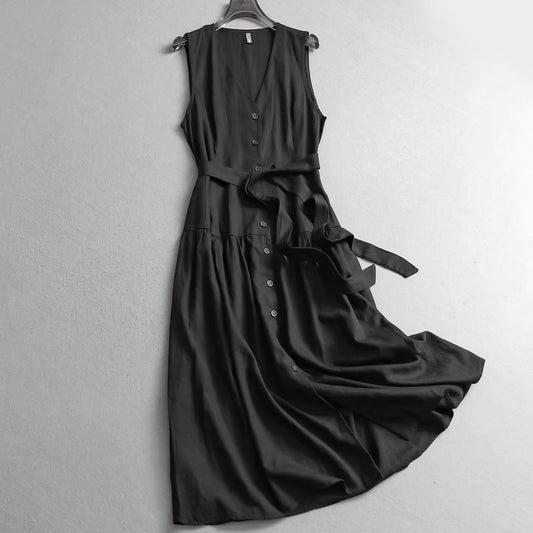 Solid color belted waist sleeveless vest dress linen blend long dress autumn new women's dress dress 11336