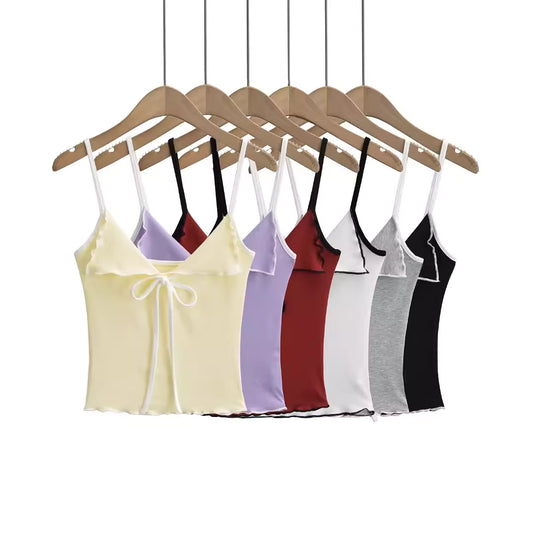 Pure and sweet, spicy color-blocked bow camisole for women, new summer style, ruffled trim, slim fit, short vest, undershirt for women. 11397
