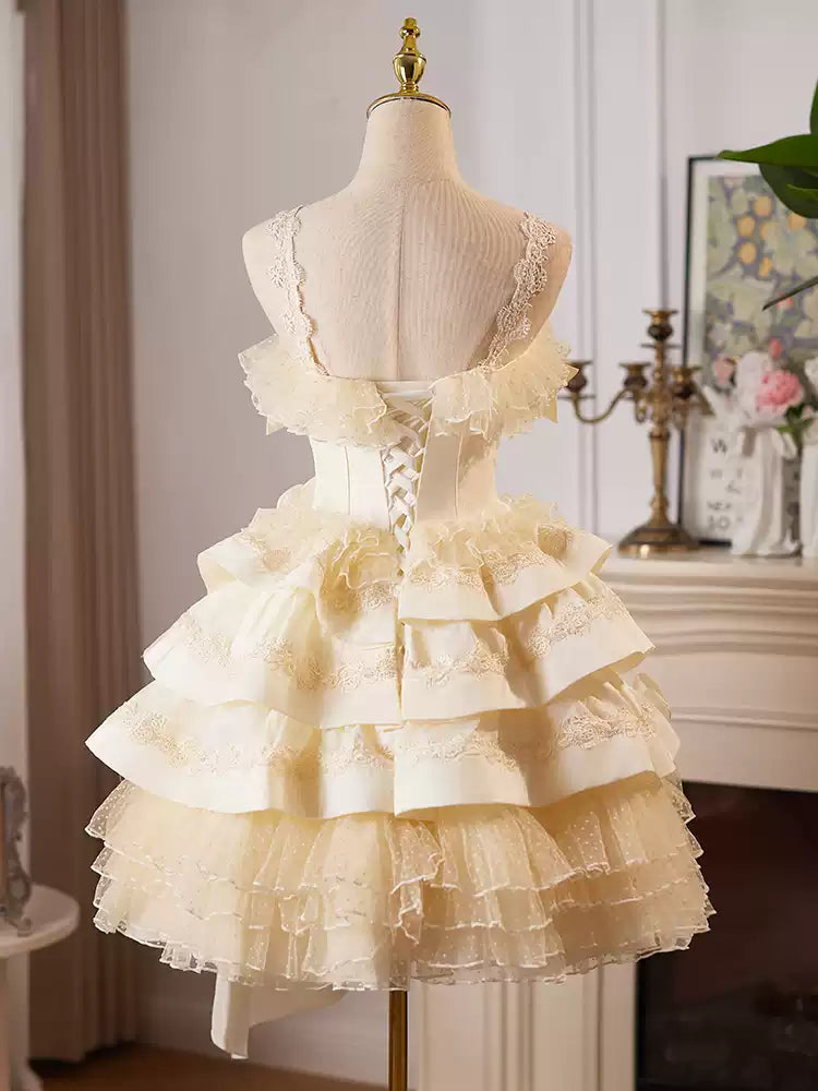 Gelbes kurzes Heimkehrkleid Lolita-Prinzessinnenkleid leichtes Luxus-Kuchenkleid Geburtstagsparty-Tanzkleid gh4607