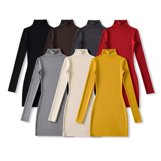 Fleece-lined turtleneck long-sleeved dress for women, slim fit, bodycon, figure-hugging, mature style short skirt. 11393