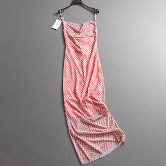 Plaid slim-fit bodycon skirt, mesh skirt, off-shoulder style, summer new style suspender dress for women  11297