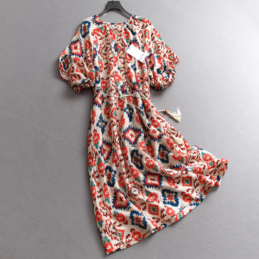 Geometric print tie-waist French style fairy dress vacation style shirt dress mid-sleeve long dress women's dress 11338