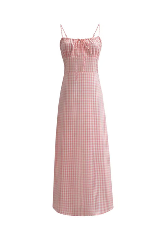 French retro blue plaid halter dress with pleated bodice and tie waist, slimming and flattering long dress  11345