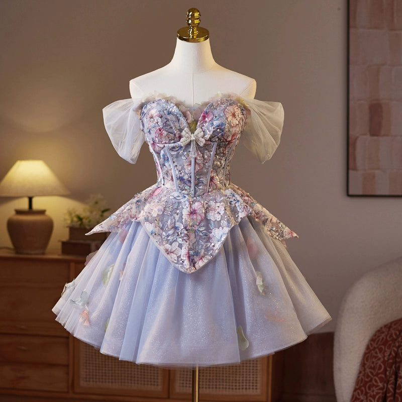 Blue purple short puffy homecoming dress party birthday party mesh French dress princess dress prom dress gh4604