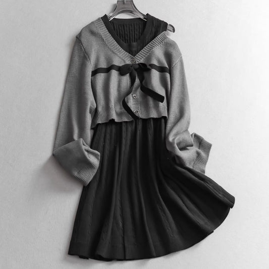 "Effortlessly Create a Stylish Look" - Youthful Bow-Tie V-Neck Long-Sleeved Knit Dress Set 11328