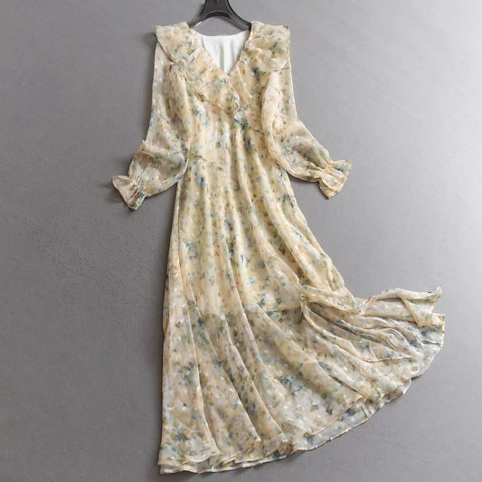 Floral print slim-fit V-neck ruffled front slit versatile autumn new long-sleeved women's dress 11334