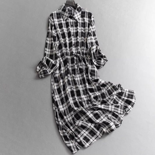 Color-blocked plaid collared shirt dress, drawstring waist, new autumn style, long-sleeved dress, long women's skirt 11330