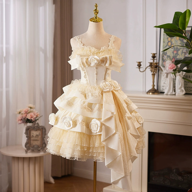 Gelbes kurzes Heimkehrkleid Lolita-Prinzessinnenkleid leichtes Luxus-Kuchenkleid Geburtstagsparty-Tanzkleid gh4607