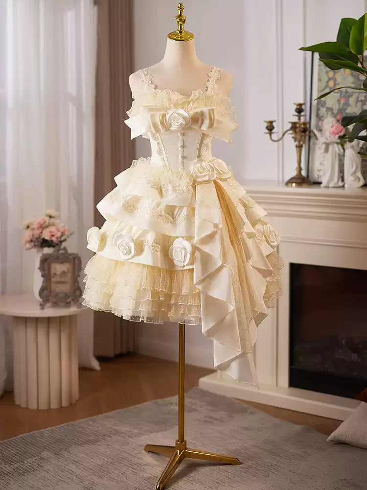 Gelbes kurzes Heimkehrkleid Lolita-Prinzessinnenkleid leichtes Luxus-Kuchenkleid Geburtstagsparty-Tanzkleid gh4607