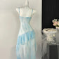 Light blue ruffle floral pleated short homecoming dress prom dress birthday dress gh4616
