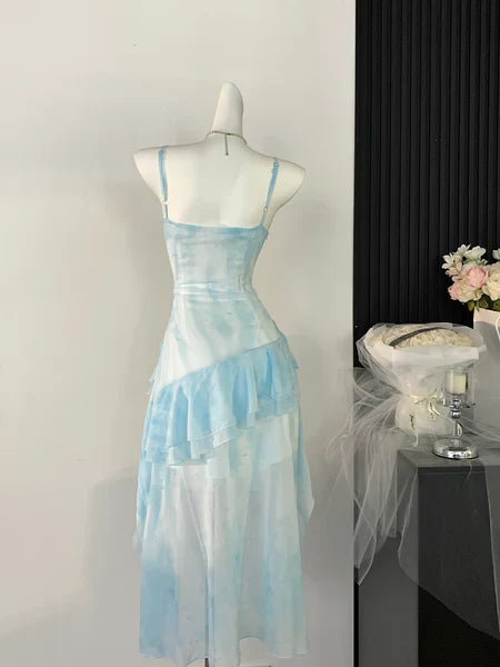 Light blue ruffle floral pleated short homecoming dress prom dress birthday dress gh4616