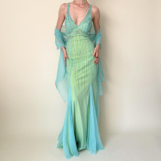 Robe de bal longue en tulle vert bleu vintage avec perles et strass pour femme, coupe sirène, coupe ajustée, dos nu, superbe robe de soirée formelle, gh4589