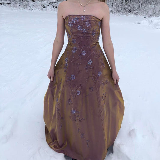 Pretty Brown Shiny Delicate Floral Beading Elegant Spaghetti Strap Long Satin Ball Gown Evening Dress Party Dress Prom Dress gh3741