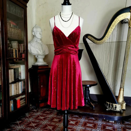 Girlhomeshops – Vintage-rotes kurzes/mittellanges kurzes Samt-Heimkehrkleid gh5537