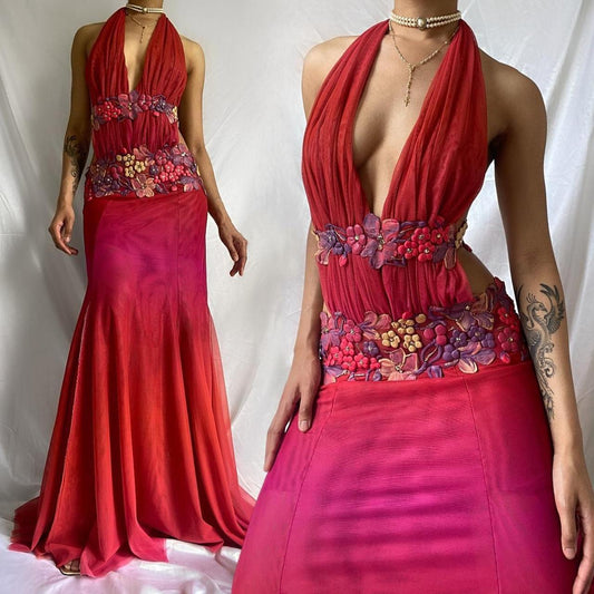 Robe de soirée longue en mousseline de soie, élégante et rouge, à fleurs, col en V, gh4444