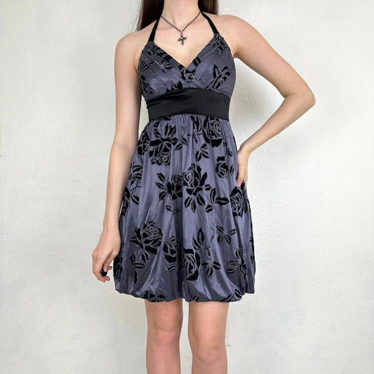 Girlhomeshops--Vintage y2k black and grey velvet floral mini midi homecoming dress gh5497