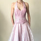 Robe de soirée longue en satin et tulle rose pailleté, bustier et perles, gh4592