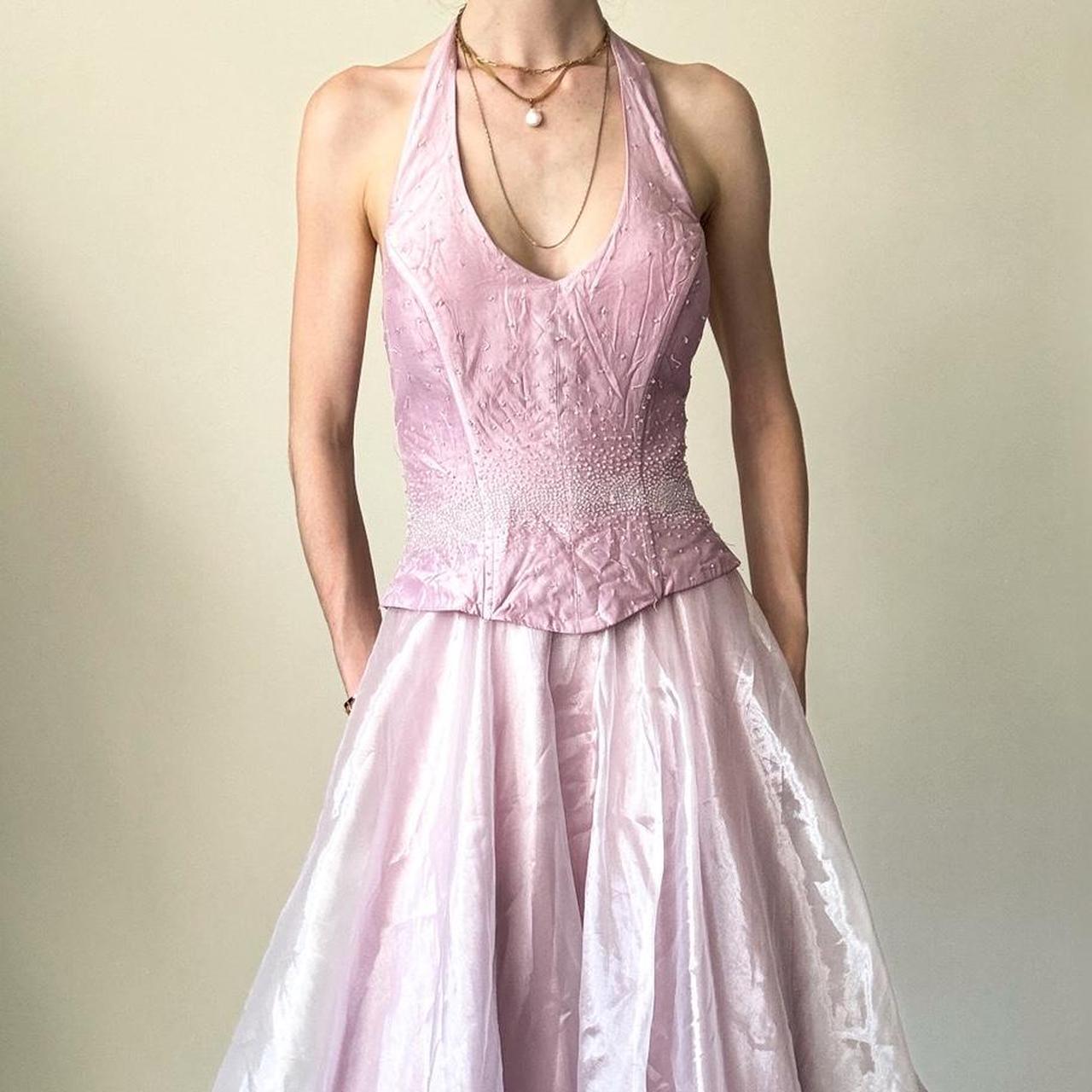 Robe de soirée longue en satin et tulle rose pailleté, bustier et perles, gh4592
