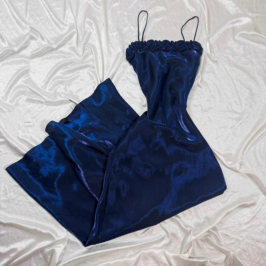 Robe de soirée longue en satin bleu marine, élégante, vintage, motif floral délicat, bretelles spaghetti, robe de bal, robe de soirée, robe de fée, robe gothique, gh4182