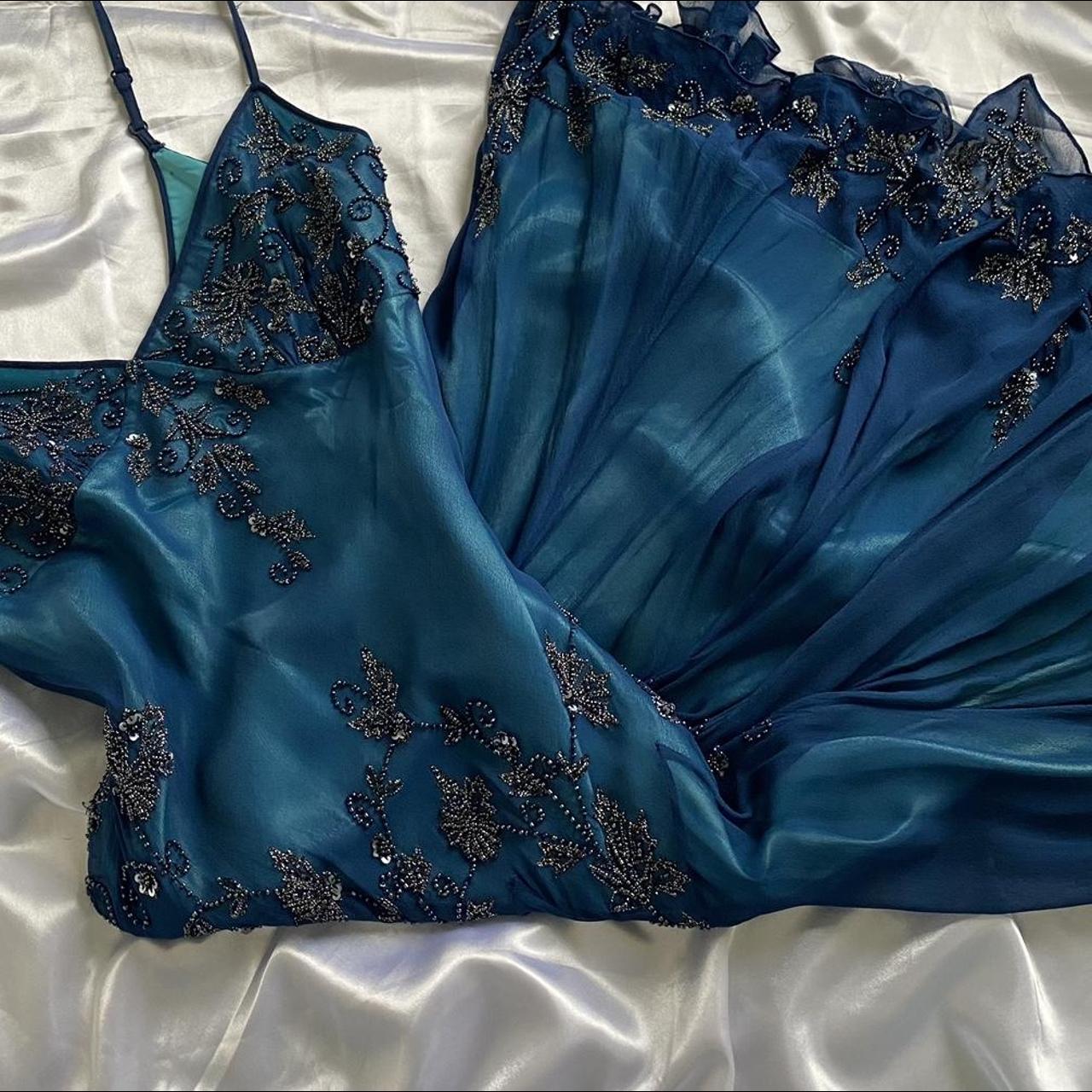 Dark blue gorgeous flowing vintage beautiful elegant delicate floral beaded spaghetti strap long chiffon ball gown evening dress party dress prom dress gh3903