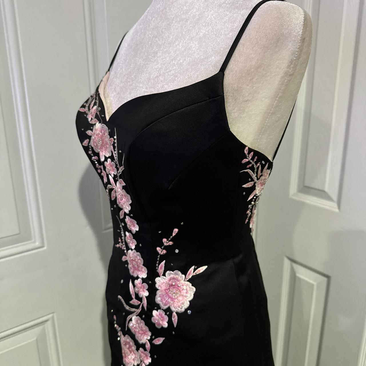 Robe de soirée longue en satin à fleurs noires et roses, élégante, gh4569