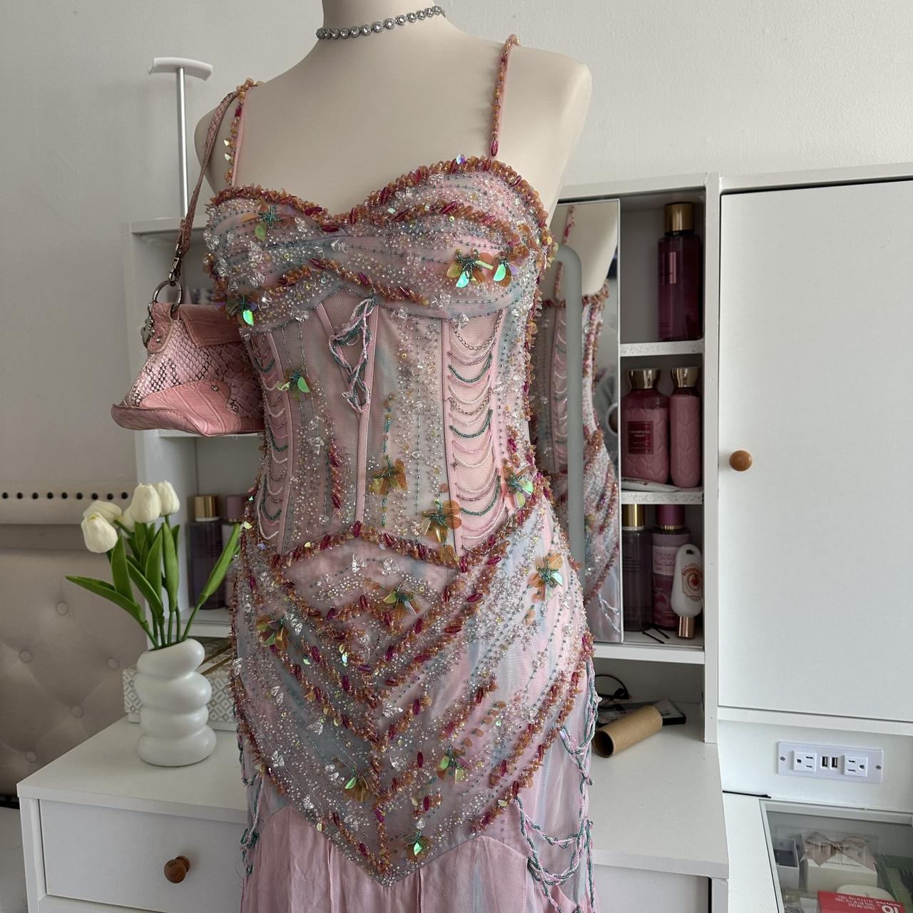 Pale Pink and Blue Flowing Vintage Fashion Mermaid Beaded Bodice Beaded with Sequins Beautiful Unique Glitter Elegant Long Chiffon Tulle Ball Gown Evening Gown Party Dress Prom Gown gh3881