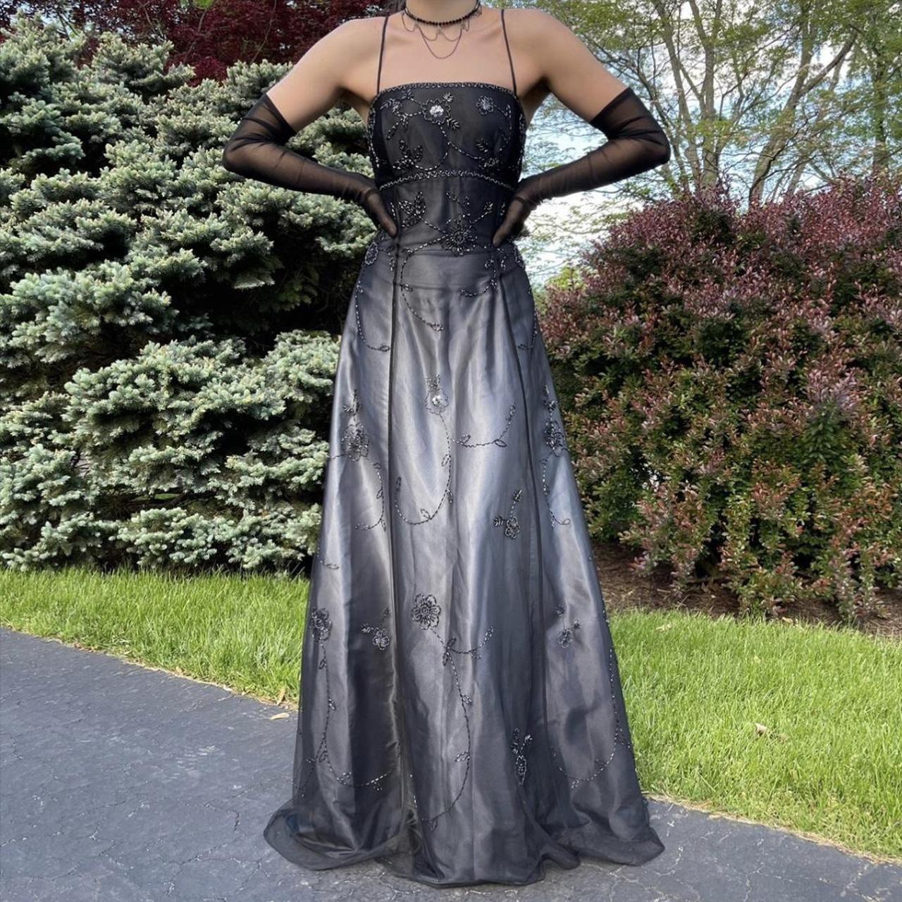 Robe de soirée élégante en tulle, longue et délicate, argentée et noire, avec perles, pour fête d'anniversaire, bal, gh3613