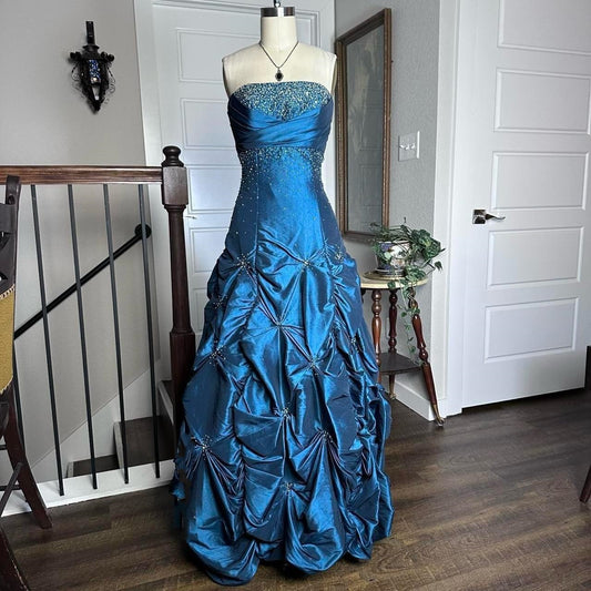 Robe de soirée longue en satin bleu vintage, élégante et exquise, avec perles, longueur au sol, gh3936