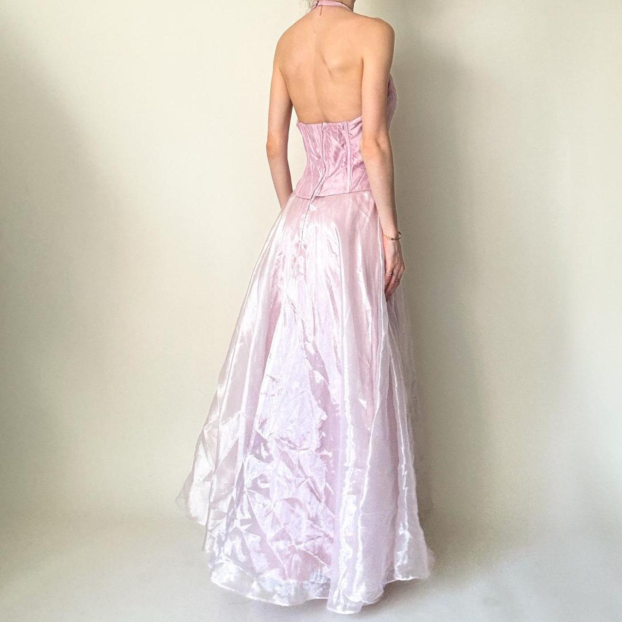 Robe de soirée longue en satin et tulle rose pailleté, bustier et perles, gh4592