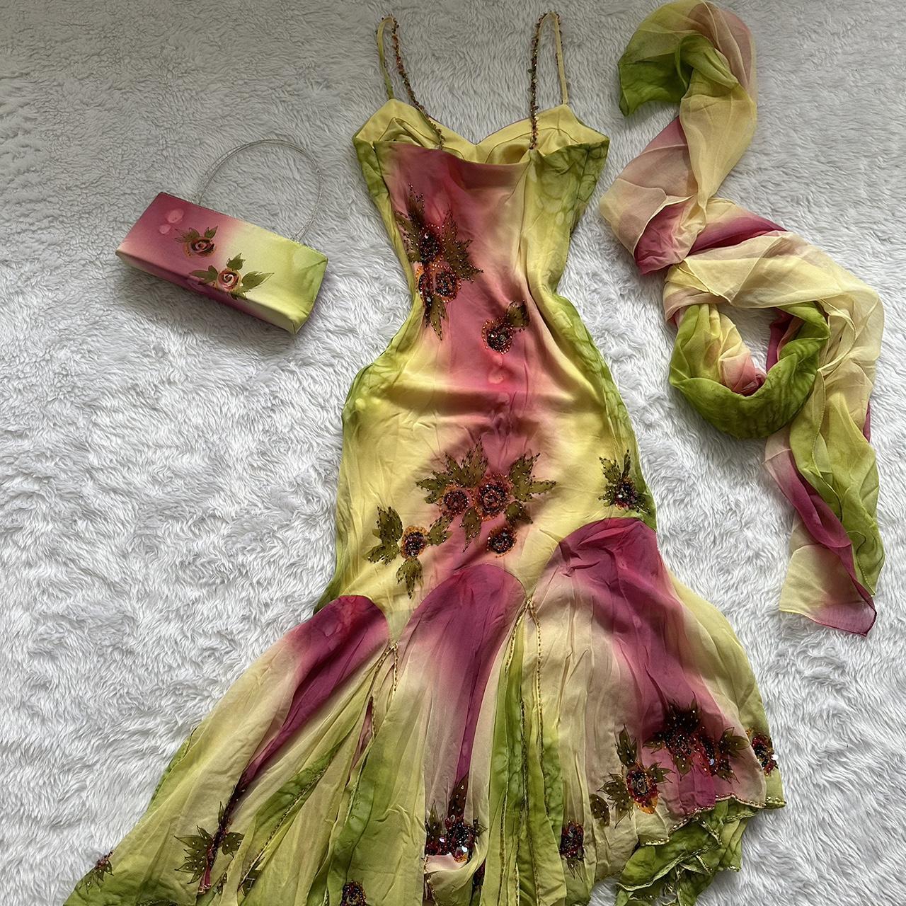 Robe de soirée élégante et raffinée, en mousseline de soie, à bretelles spaghetti, dégradé de rose et de vert, à volants, robe de bal, gh3620