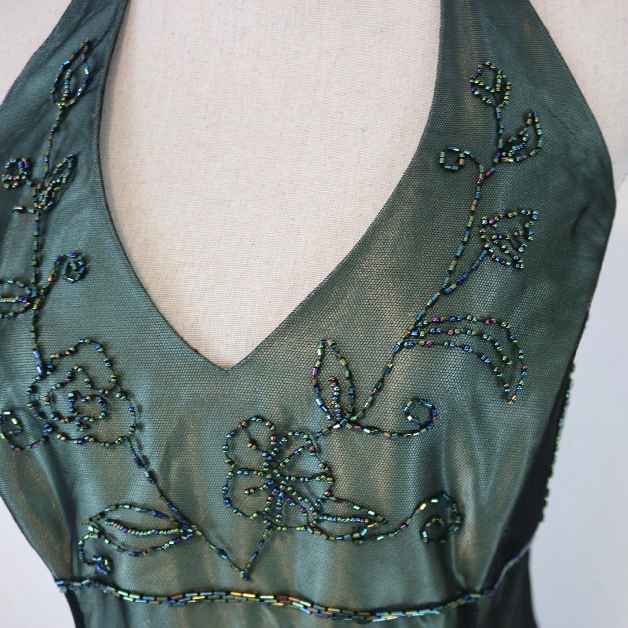 Green Vintage Ombre Floral Beaded Empire Waist Halter Long Chiffon Tulle prom dress Evening Gown Party Dress gh3606